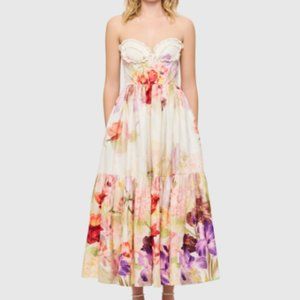 Leo Lin Rose Floral Bustier Dress Midi